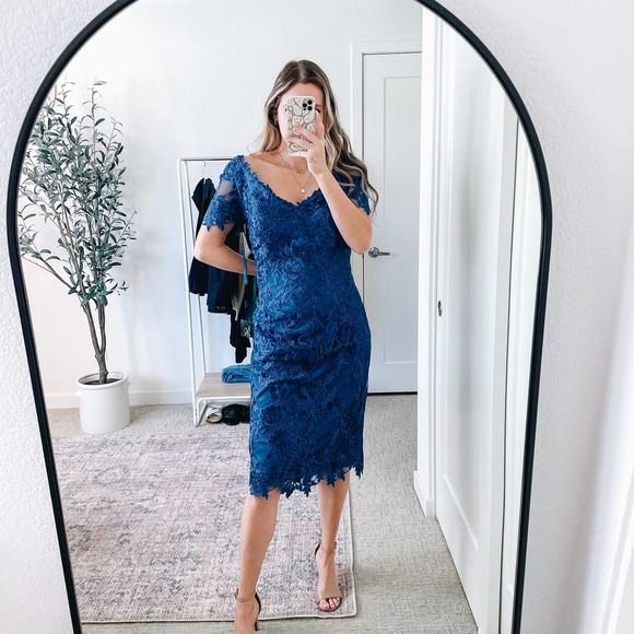 La Femme Midnight Blue Lace Midi Dress - Picture 3 of 14